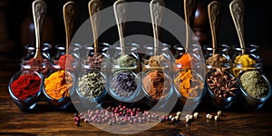 Wide banner of various masala spices and powders in wooden spoons