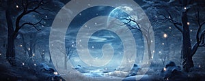 Wide banner of winter forest at Christmas night, dreamy landscape with magical lights, snow and moon. Fairy tale woods. Theme of