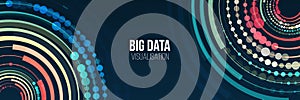 Wide Big data visualization. Information analytics concept. Abstract stream information with circles array and binary code.