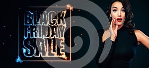 Wide Black Friday Advertisement Banner with Girl. Neon sign at Blackfriday November Holiday. Template for Promotion photo