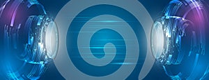 Wide Blue background with various technological elements. Abstract circle technology communication, vector illustration.