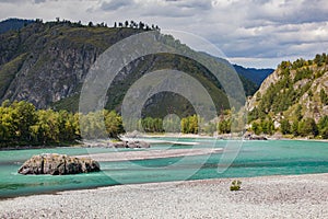 Wide blue river Katun in Altai mountains