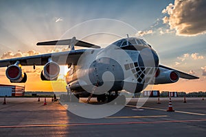 Wide body transport cargo aircraft at airport apron in the morning sun