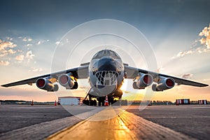 Wide body transport cargo aircraft at airport apron in the morning sun