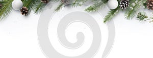 a wide border made of lush fir branches and adorned with various Christmas decorations. border on a clean white