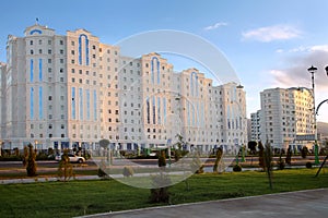 Wide boulevard with some new buildings. Ashkhabad. Turkmenistan.