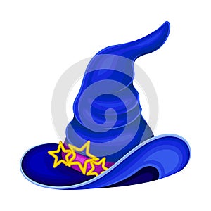 Wide Brimmed Witch Hat with Conical Crown and Ribbon Decorated with Stars Vector Illustration