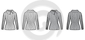 Wide button-up turtleneck ribbed-knit sweater technical fashion illustration with long sleeves, tunic length.