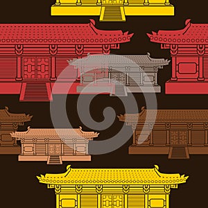 Wide Chinese Building Vector Illustration With Dark Background Seamless Pattern