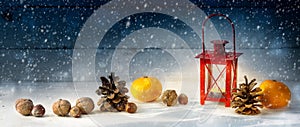 Wide christmas decoration background with a red candle light lan