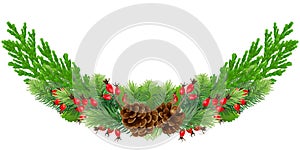 Wide Christmas garland / wreath of pine, cypress, red rosehip berries, holly and cones. Isolated