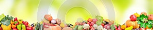 Wide collage of fresh fruits and vegetables on green blur background.