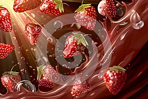 Wide dessert banner with strawberries in liquid chocolate