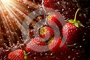 Wide dessert banner with strawberries in liquid chocolate