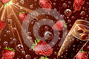 Wide dessert banner with strawberries in liquid chocolate