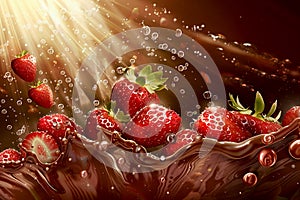 Wide dessert banner with strawberries in liquid chocolate