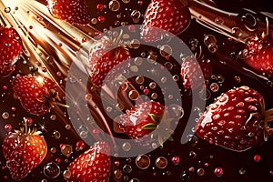 Wide dessert banner with strawberries in liquid chocolate