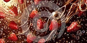 Wide dessert banner with strawberries in liquid chocolate