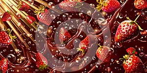 Wide dessert banner with strawberries in liquid chocolate