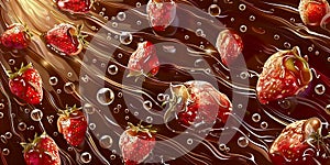 Wide dessert banner with strawberries in liquid chocolate