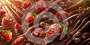 Wide dessert banner with strawberries in liquid chocolate