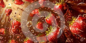 Wide dessert banner with strawberries in liquid chocolate