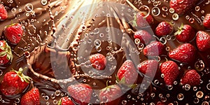 Wide dessert banner with strawberries in liquid chocolate