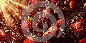 Wide dessert banner with strawberries in liquid chocolate