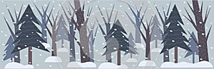 Wide doodle background with gloomy winter forest