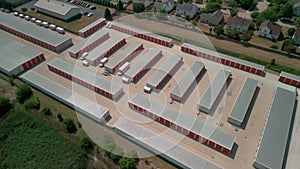 Wide Drone shot of a personal storage unit facility.