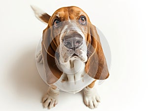 Wide-Eyed Basset Hound Looking Up