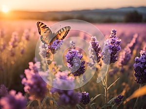 Wide field of lavender and butterfly in summer sunset, panorama blur background. Autumn or summer lavender background