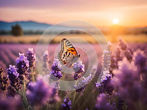 Wide field of lavender and butterfly in summer sunset, panorama blur background. Autumn or summer lavender background