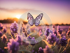 Wide field of lavender and butterfly in summer sunset, panorama blur background. Autumn or summer lavender background