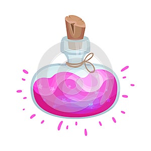 Wide flask with a magic pink elixir. Vector illustration on a white background.