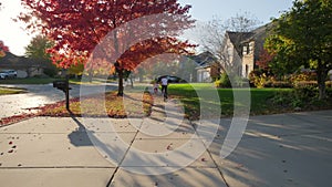 Wide footage of Mother and daughter ride bicycles in a park and on a suburban street on a sunny day. Slow motion wide