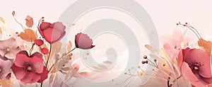 Wide format digital artwork of pink flowers with gold leaves and specks on a soft background. Concept of floral panorama