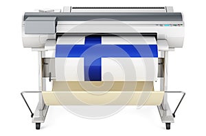 Wide format printer, plotter with Finnish flag. 3D rendering