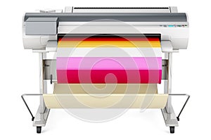 Wide format printer, plotter with lesbian flag. 3D rendering