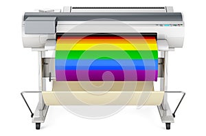 Wide format printer, plotter with LGBT flag. 3D rendering