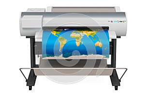 Wide Format Printer, plotter with map of world. 3D rendering