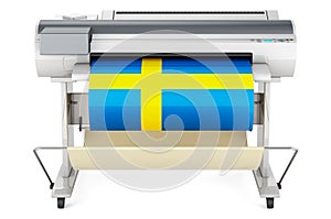 Wide format printer, plotter with Swedish flag. 3D rendering