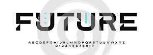 Wide futuristic sans font with bold geometric cutouts, minimal sci-fi styling, sharp digital letters for tech branding photo