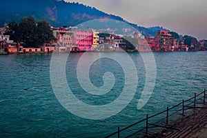 Wide Ganga river during cloudy day in Haridwar India