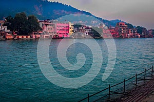 Wide Ganga river during cloudy day in Haridwar India photo