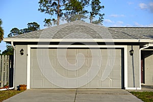 Wide garage double door and concrete driveway of new modern american house