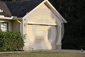 Wide garage double door and concrete driveway of new modern american house