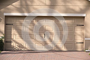 Wide garage double door and concrete driveway of new modern american house