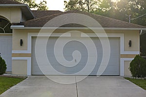 Wide garage double door and concrete driveway of new modern american house