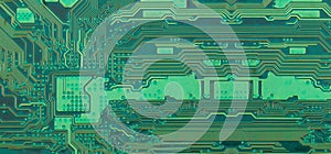Wide Green Computer motherboard surface of technology background